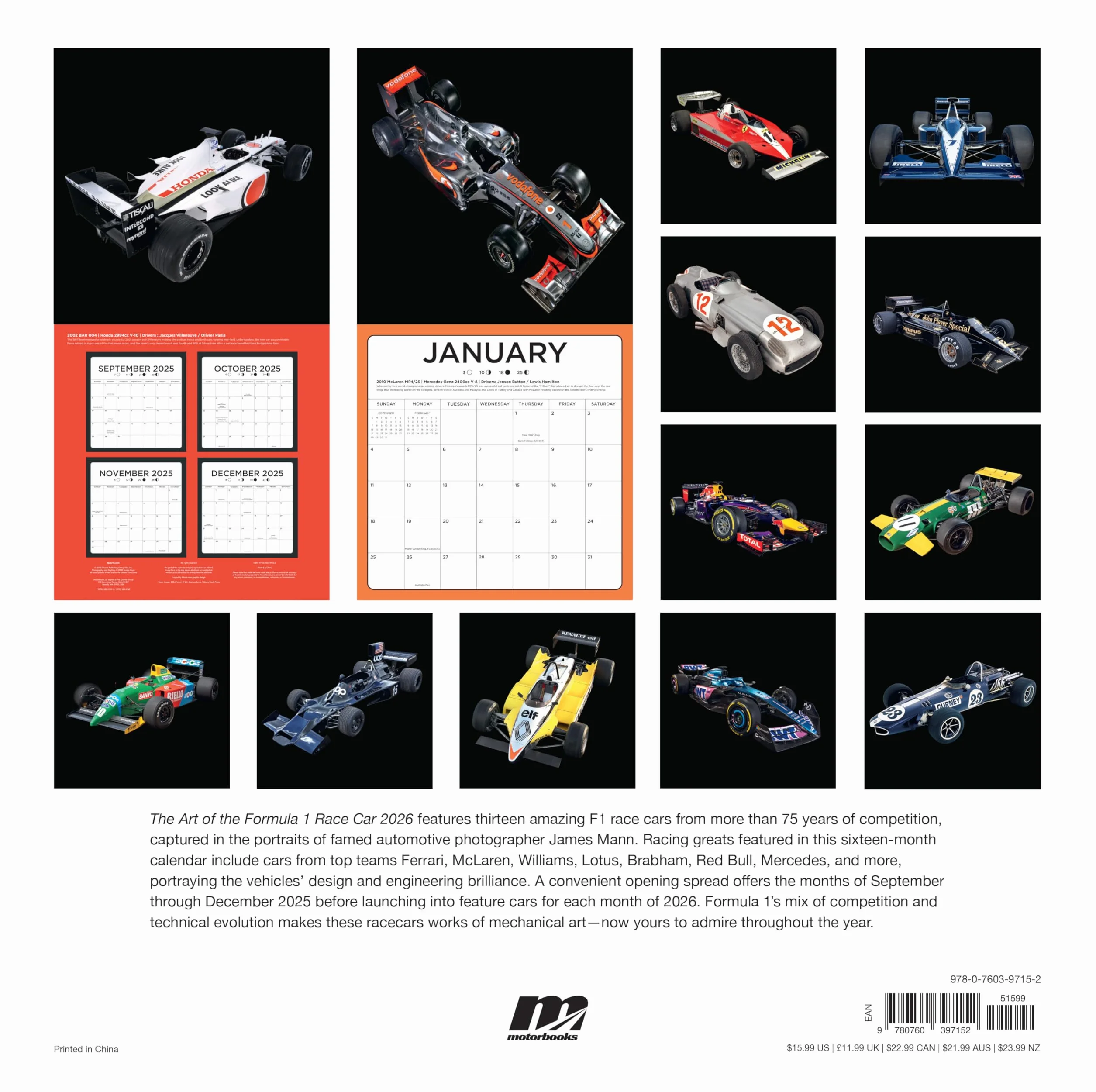 The Art of the Formula 1 Race Car 2026: 16-Month Calendar--September 2025 through December 2026