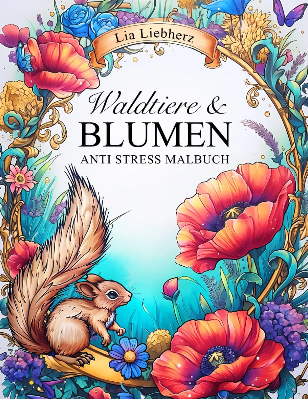 Waldtiere & Blumen – Anti Stress Malbuch für Erwachsene: 50 florale Szenen mit Waldtieren wie Eulen, Wölfe, Bienen, Käfer uvm | für Stressabbau & Entspannung
